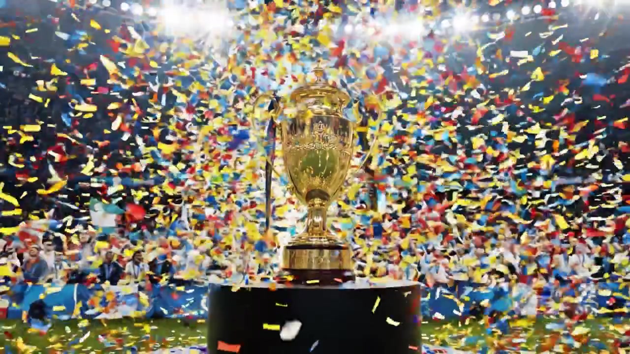 L'emozionante momento della celebrazione della vittoria: un glorioso trofeo circondato da atleti entusiasti e coriandoli colorati in uno stadio gremito.