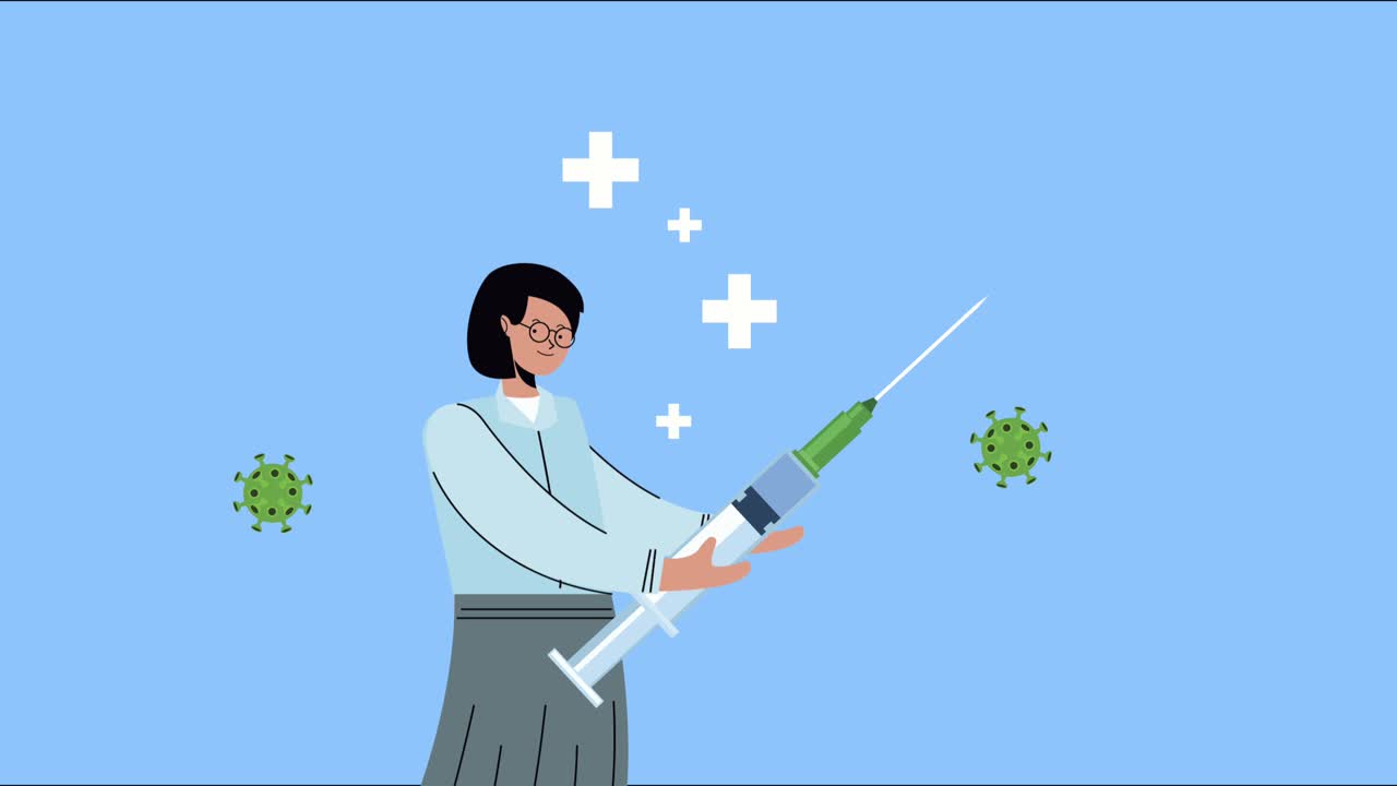 covid19 disease animation with particles and woman lifting vaccine injection