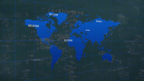 animated world map with numerical data and mathematical equations