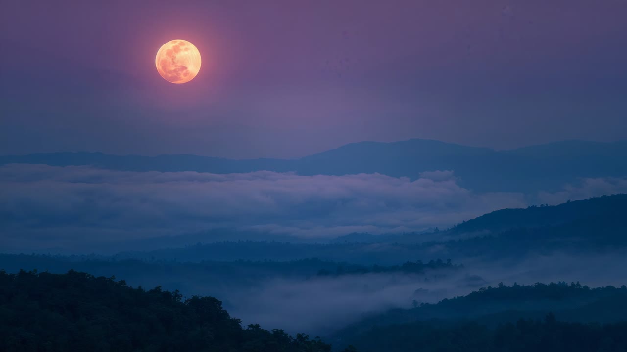 Glowing full moon hovering above valley at night, drifting mist across mountain ridges, copy space