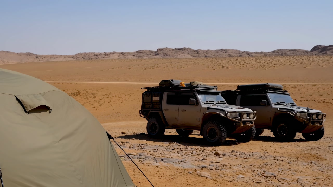 Desert Camp Tent Vehicles Sunlit Horizon Remote Overland Expedition Setup With Canvas Tent In Foreground,