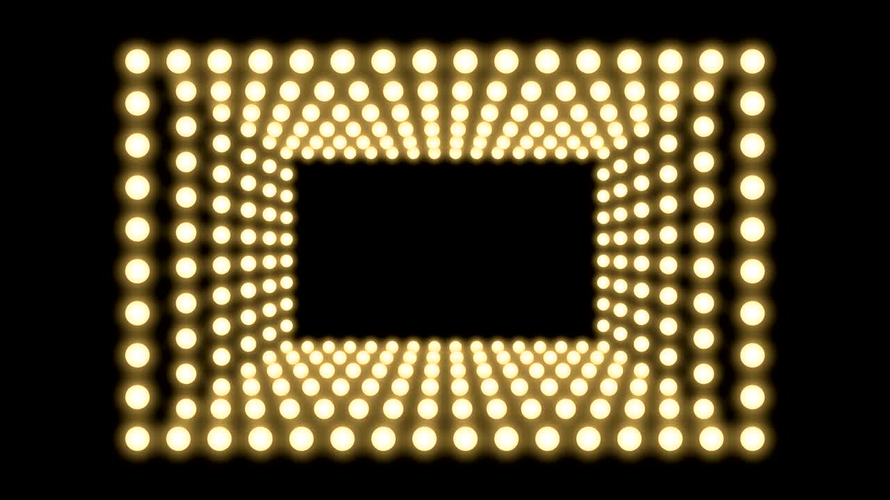 터널 전구 박스 프레임 직사각형 모양 이동 패턴, 레트로 3d 가상 스타일 일러스트레이션 어두운 배경에서 빛나는 원활한 루핑 애니메이션 4k, 복사 공간