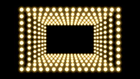 cuadro de caja de bombilla incandescente de túnel forma rectángulo patrón móvil, retro 3d estilo virtual ilustración brillo en fondo oscuro animación de bucle sin costuras 4k, con espacio de copia