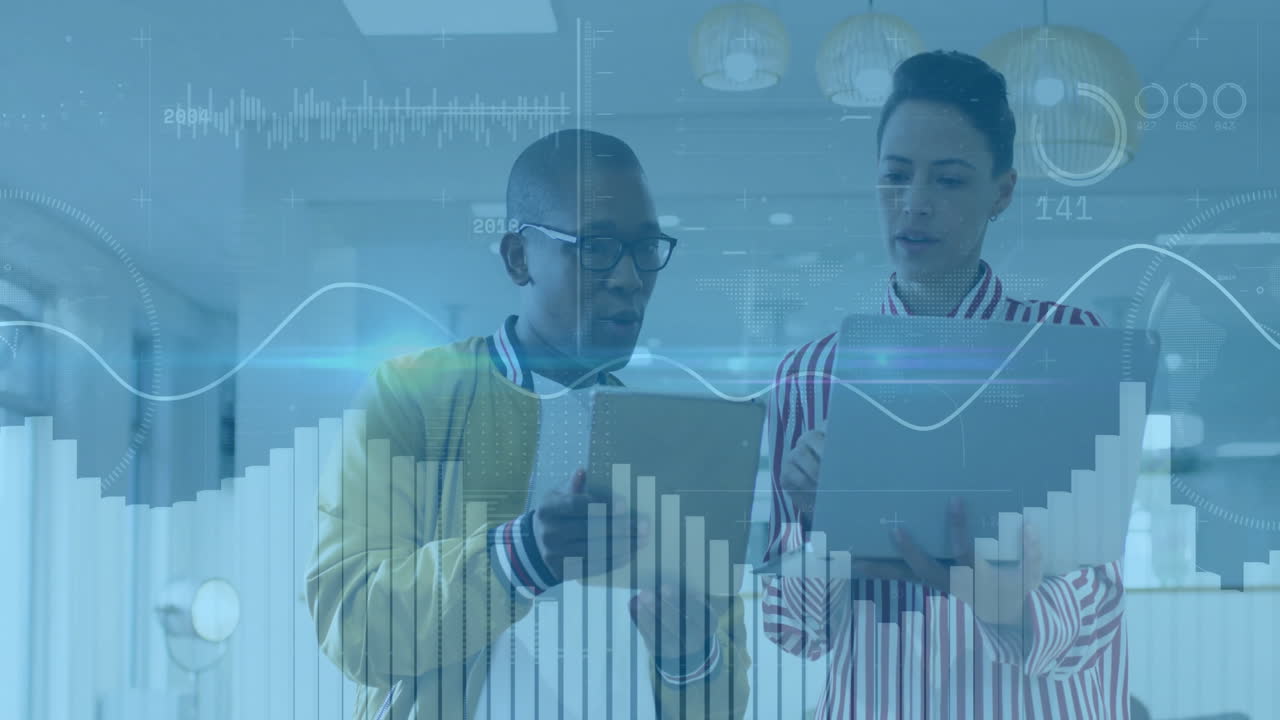 Discussing financial graphs, two people using tablets with animation in school