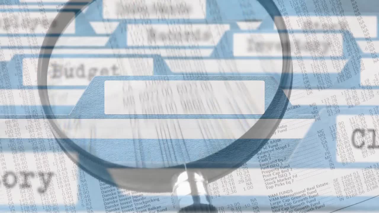 animación de vidrio de lectura y texto sobre archivos
