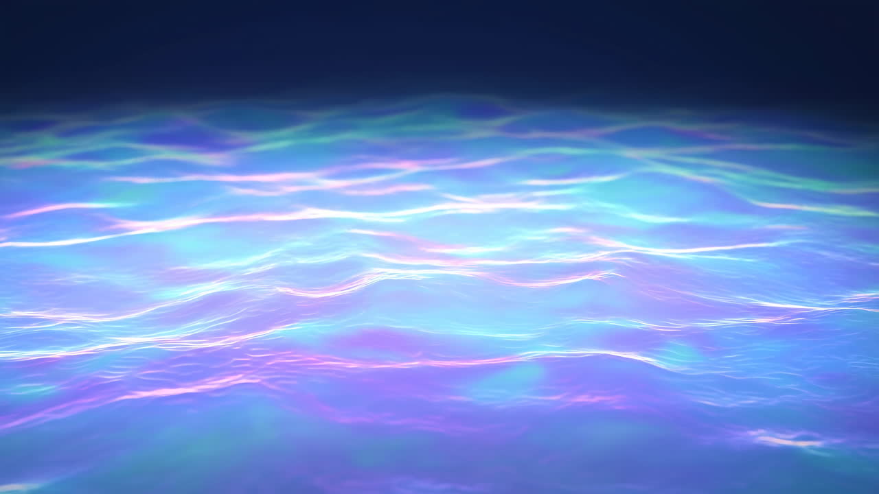 Onde astratte iridescenti e luminose che scorrono su una superficie liquida.