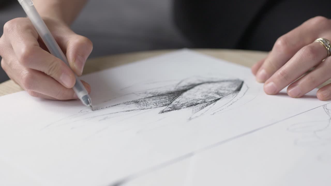 dibujo femenino en una hoja blanca de papel con pluma de tinta negra en cámara lenta desliza hacia el lado