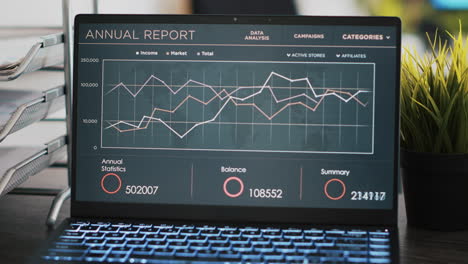 financial annual report charts on notebook screen in office, close up shot