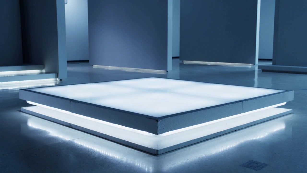 Motor lifting top panel lit square platform revealing base in gallery with LED strip lighting