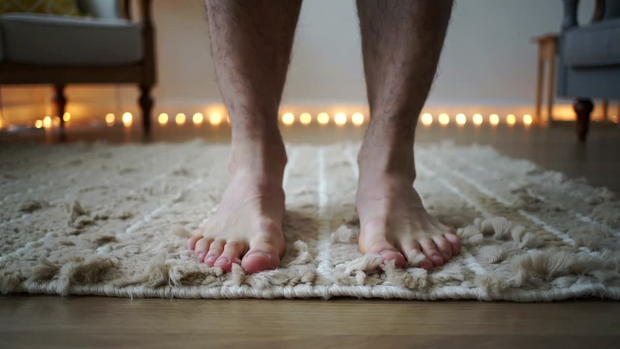 Gambe e piedi maschili che si spostano partendo dall'immobilità, testando un tappeto a pelo lungo nella luce del soggiorno.