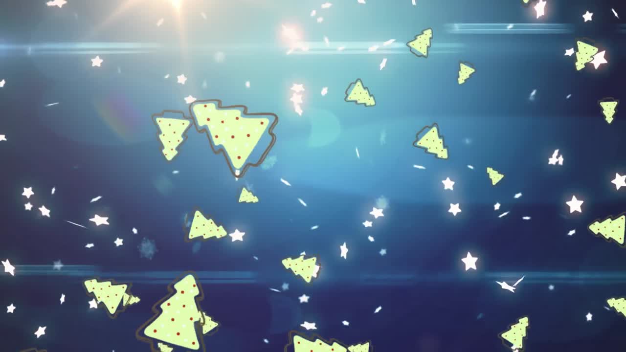 푸른 배경 에 녹색 크리스마스 트리 와 반 ⁇ 이는 별 들 이 떨어지는 애니메이션