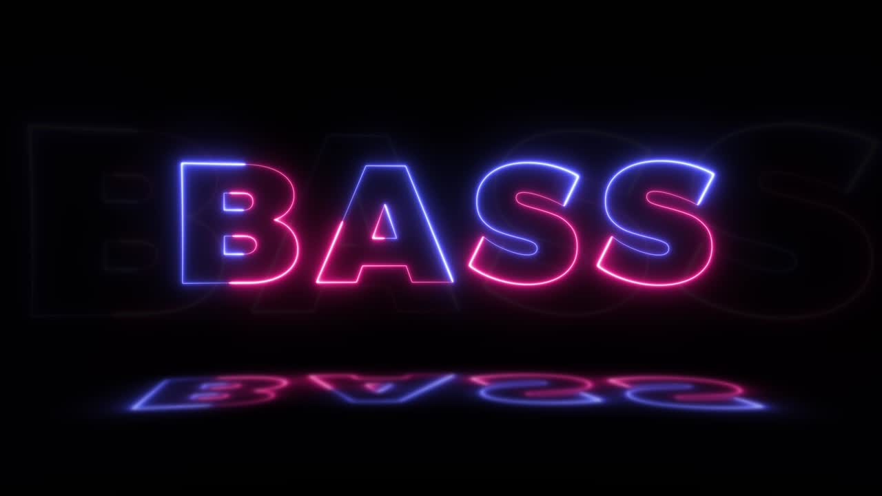 Neon glowing word 'BASS' on a black background with reflections on a floor. Neon glow signs in seamless loop motion graphic