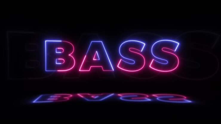 Neon glowing word 'BASS' on a black background with reflections on a floor. Neon glow signs in seamless loop motion graphic