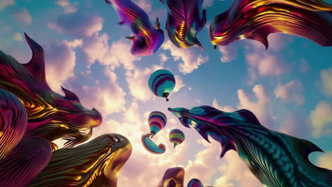 fantasy sky with iridescent creatures and hot air balloons