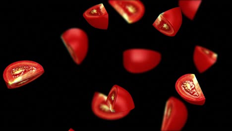 tomato segments falling on black background, seamless loop, cg