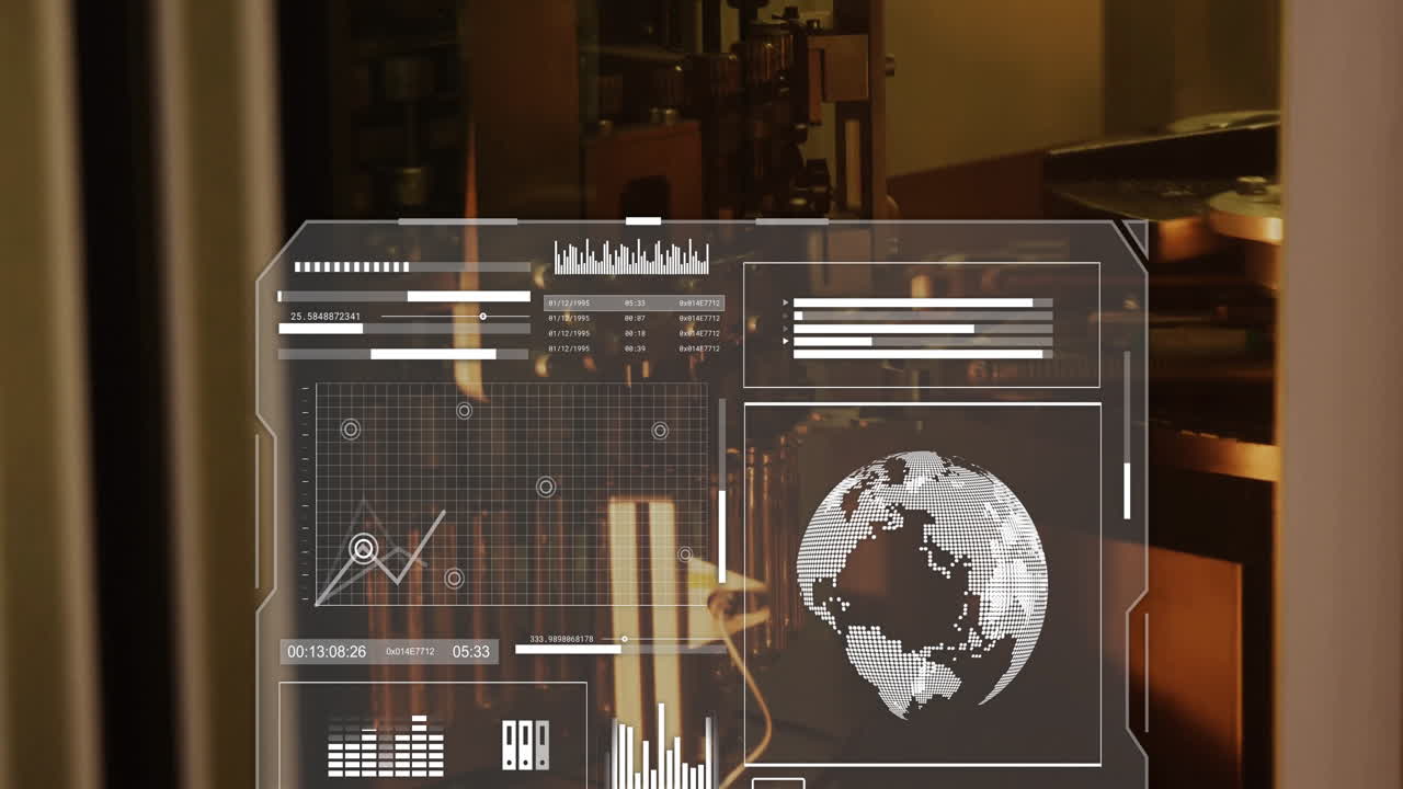 Digital data interface displaying graphs and globe animation over industrial setting
