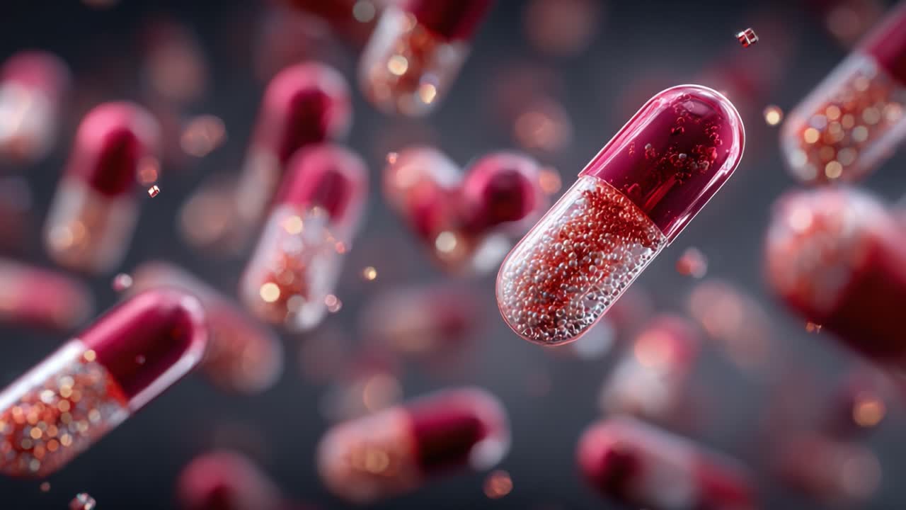Una straordinaria immagine di capsule fluttuanti, che mette in mostra il movimento dinamico e i dettagli scintillanti della composizione farmaceutica in un coinvolgente ambiente di rendering in 3D