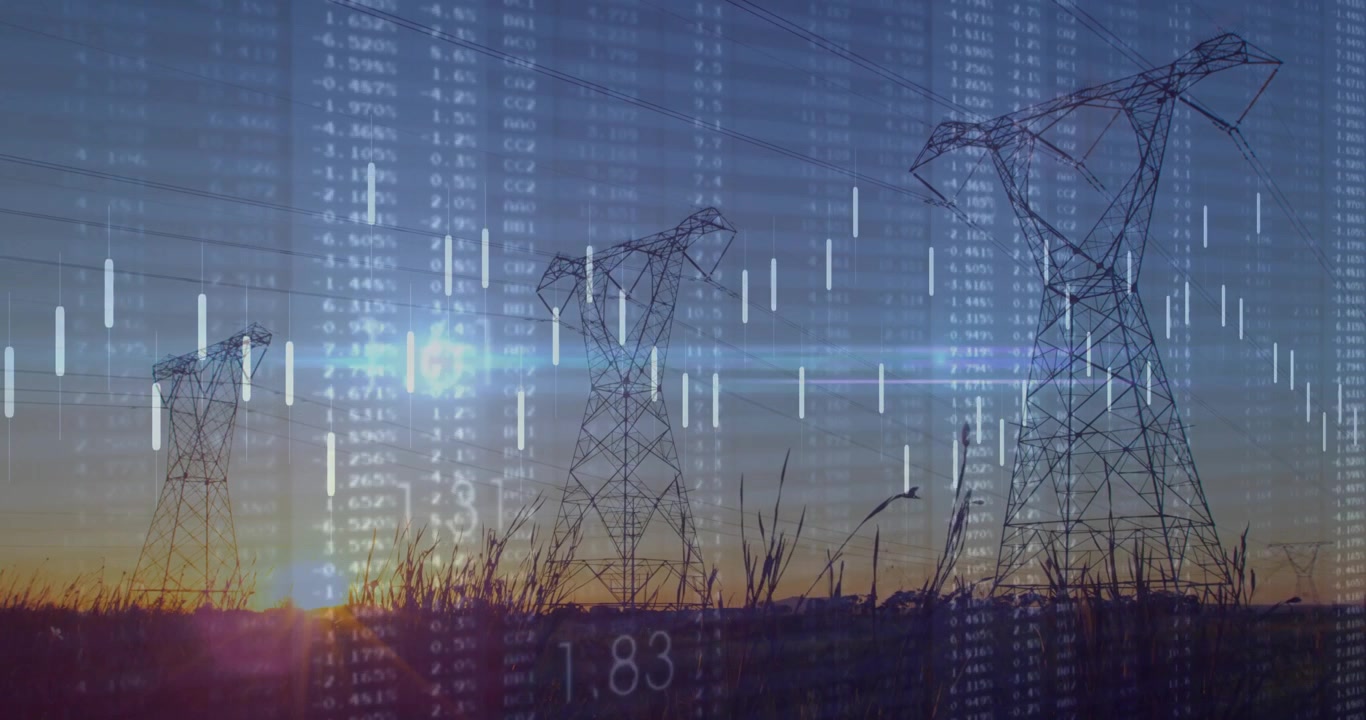 At start candlesticks fading over transmission towers, fluctuating under light flare showing data