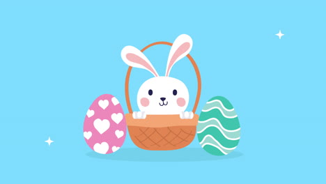 feliz tarjeta animada de pascua con conejo en la canasta