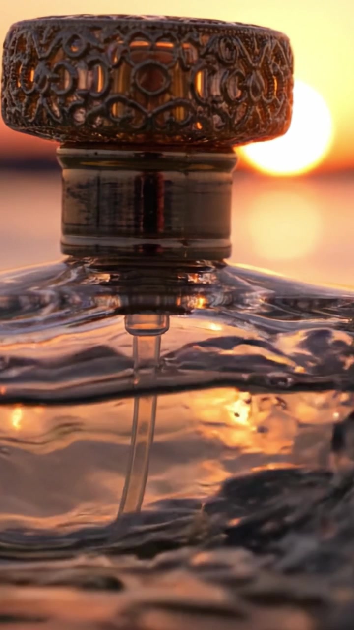 Un primo piano accattivante di una bottiglia di profumo illuminata dal sole al tramonto, che mostra un design elegante e riflessi scintillanti nella luce della sera.