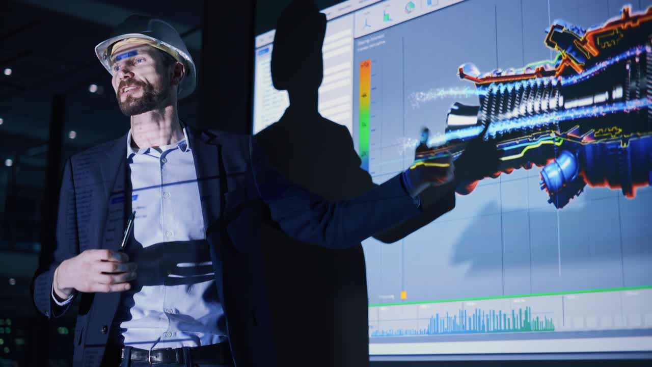 presentación de la conferencia de tecnología de energía verde: el ingeniero jefe de automoción presenta el diseño sostenible del motor ambiental a inversores y empresarios. la pantalla muestra un modelo en 3d de la turbina de electricidad