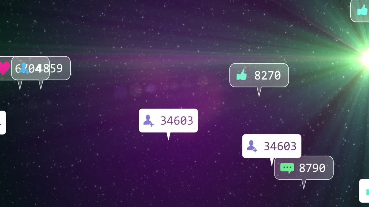 빛나는 하늘의 별 위에  ⁇ 색과 회색의 배너에 있는 소셜 미디어 아이콘과 숫자의 애니메이션