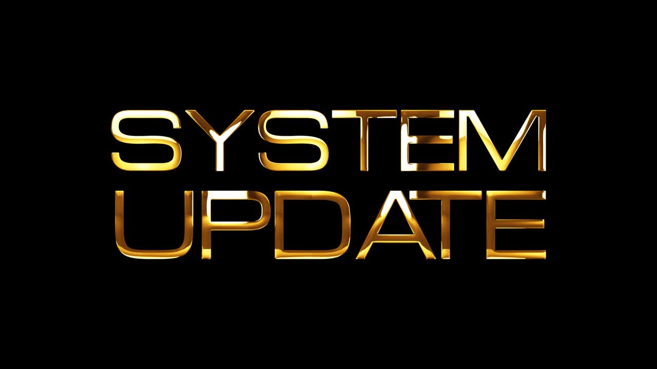 SYSTEM UPDATE golden text banner loop animation isolated word using QuickTime Alpha Channel ProRes 4444. 4K 3D rendering seamless loop System Update word isolate effect element for composition.