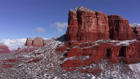 aerial pan of courthouse butte, village of oak creek, sedona arizona - after a snowfall