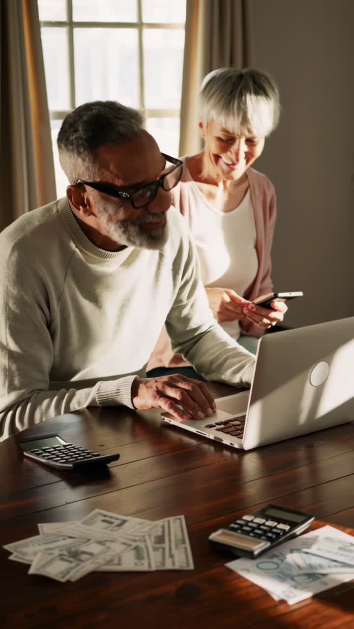 Senior couple managing household finances with a laptop and calculators at home
