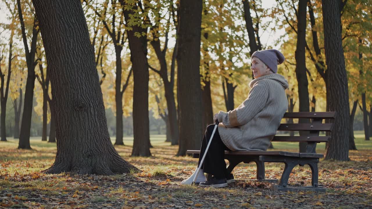 A serene video scene of an elderly person sitting on a park bench, captured from a side angle