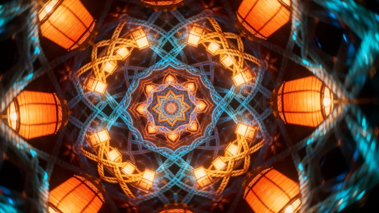 Rotating star mandala on frame one in optic dome, zooming out, revealing blue lattice, orange lamps