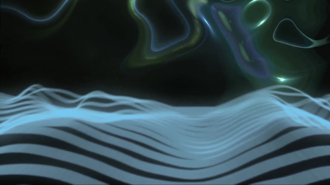 Animation of liquid light moving over undulating grey 3d landscape on black background