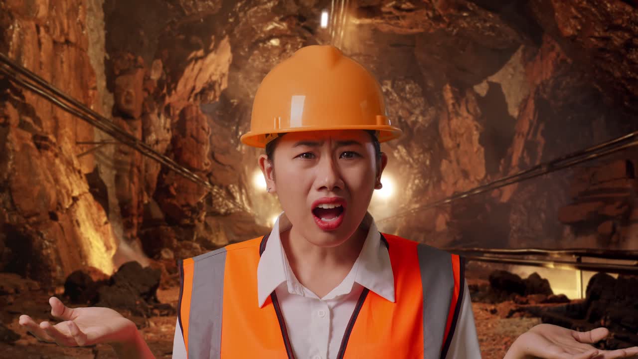 Woman worker in a mine tunnel expressing frustration
