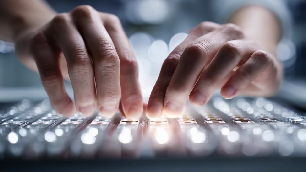 A close-up view of hands typing on a luminous keyboard, featuring the glow of keys capturing the dynamic and engaging process of digital input, emphasizing technology and communication through tactile interaction
