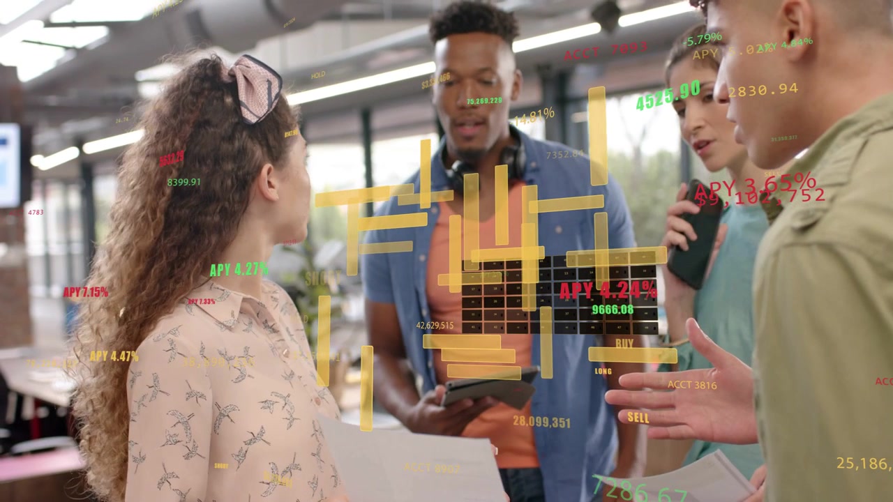 Woman presenting papers and pointing, starting finance charts aligning over team showing data