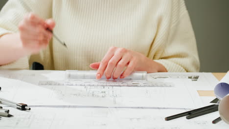 close-up of architect or engineer drawing blueprints