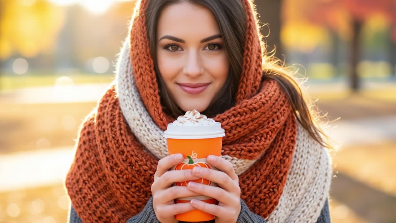 Un caldo abbraccio d'autunno: momenti accattivanti con una giovane donna in maglieria accogliente, che tiene una bevanda a tema autunnale tra il fogliame vibrante.