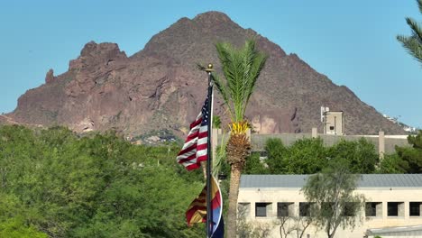 america and arizona state flags waving in front of palm tree and mountain background