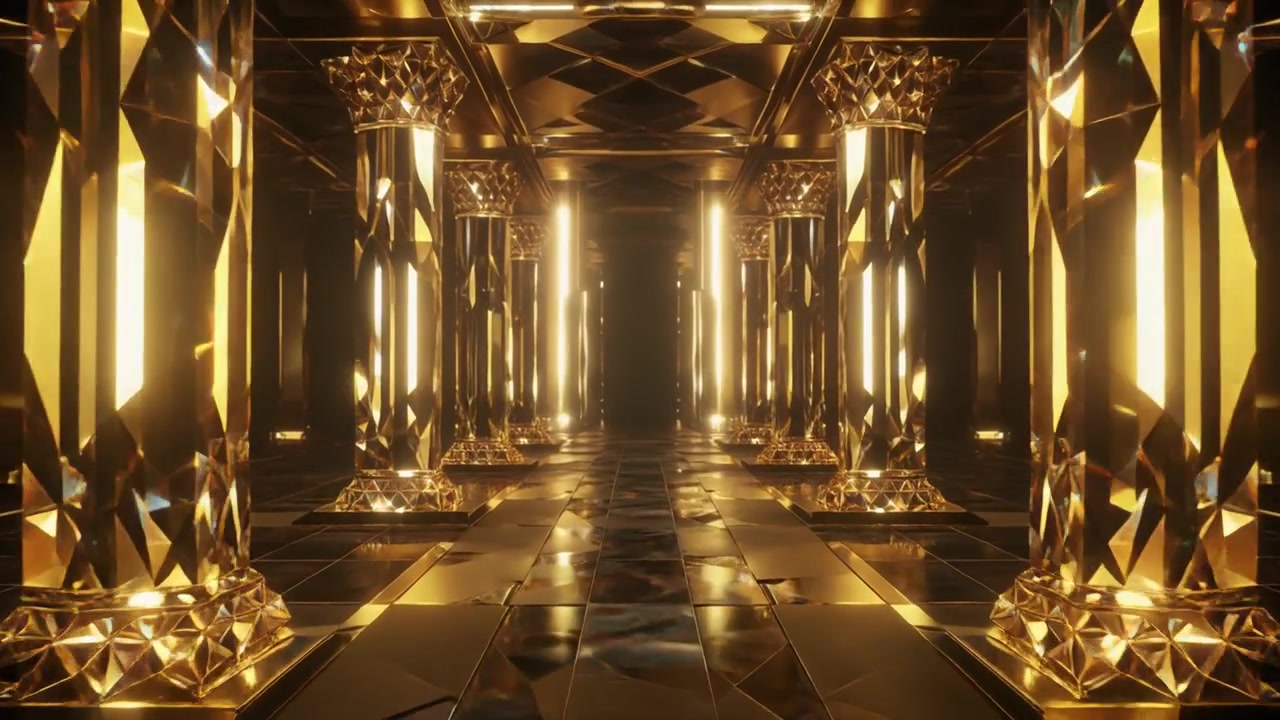 Corridoio cinematografico con pilastri dorati luminosi e pavimento riflettente