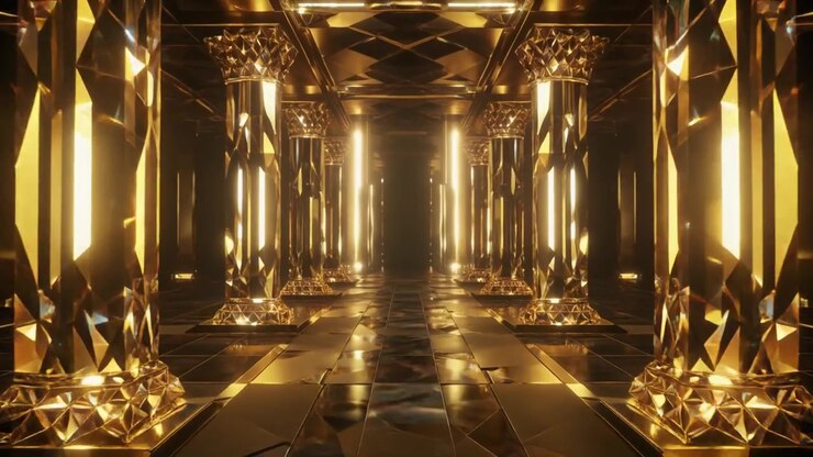 Corridoio cinematografico con pilastri dorati luminosi e pavimento riflettente