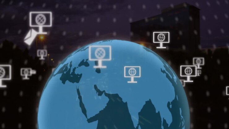 Animation af netværk af skærmikoner med glober over en globus