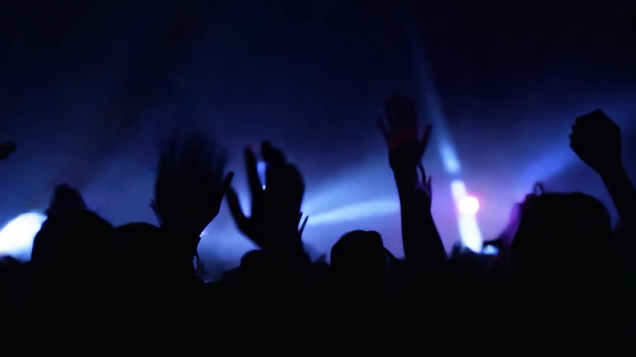 Folla di persone a un concerto che alzano le mani