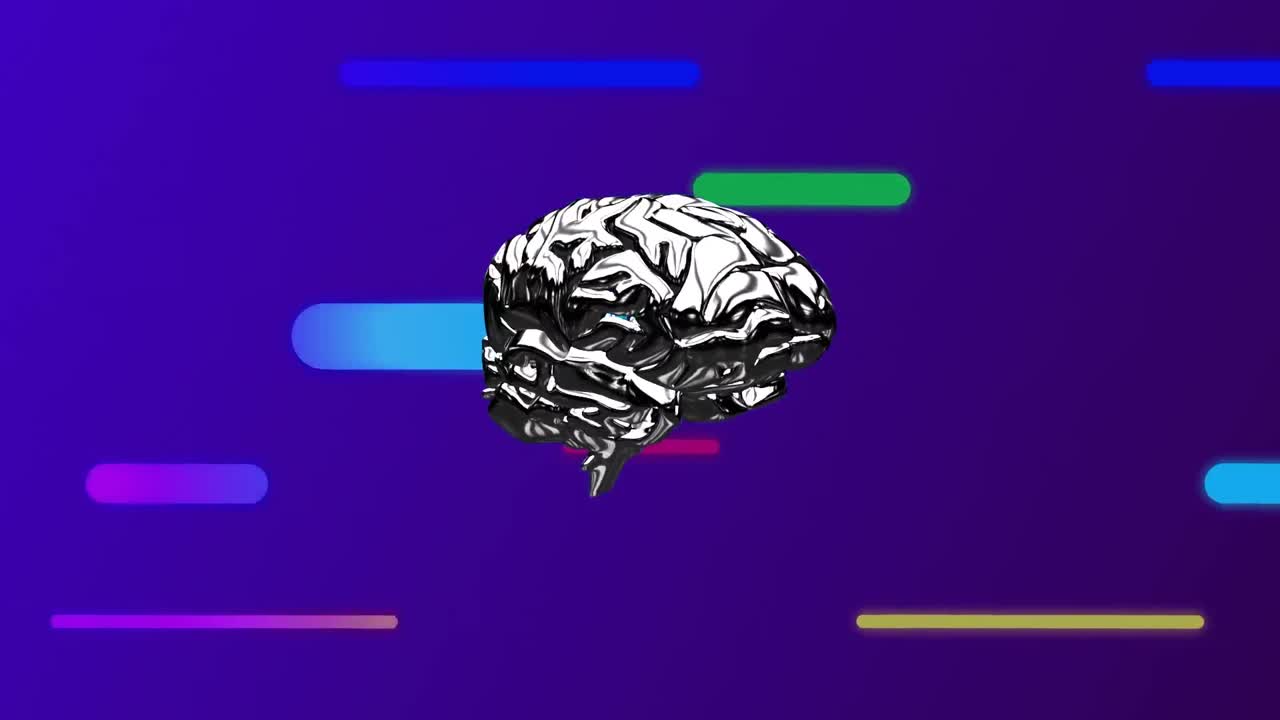 Animation of human brain and colorful trails on dark blue background
