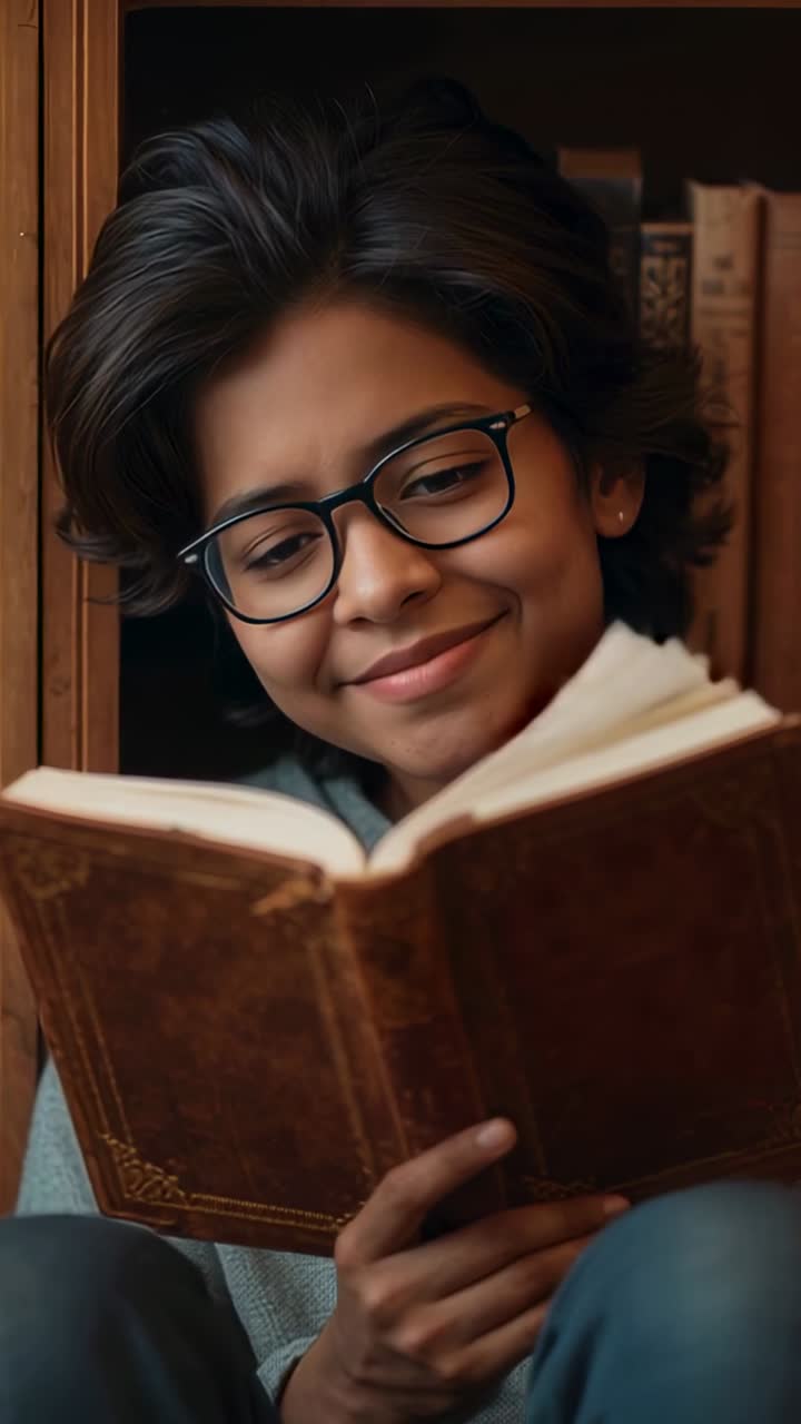 Vidéo verticale : adolescent portant un pull en maille grise et des lunettes, lisant un livre usé, suivant l’histoire et tournant les pages dans un coin tranquille