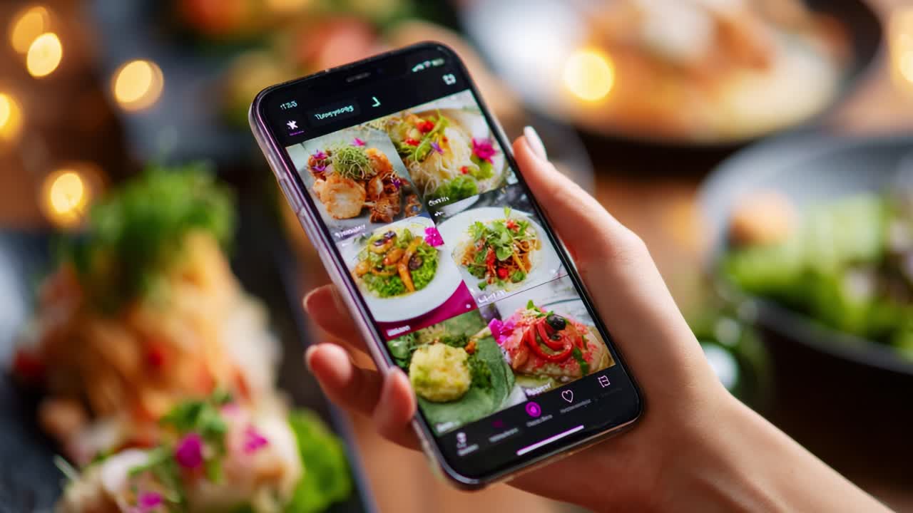 Showcasing Delicious Dishes: A Close-Up of a Mobile Screen Displaying an Array of Colorful and Appetizing Meal Options in a Cozy Dining Atmosphere