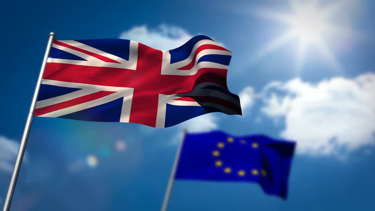 Union flag and European flag waving against sky