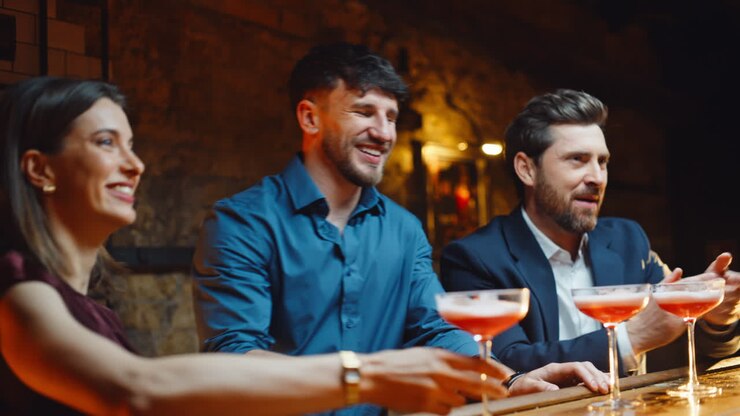 Persone entusiaste che applaudono in un bar di sera, primo piano. Amici che alzano i cocktail