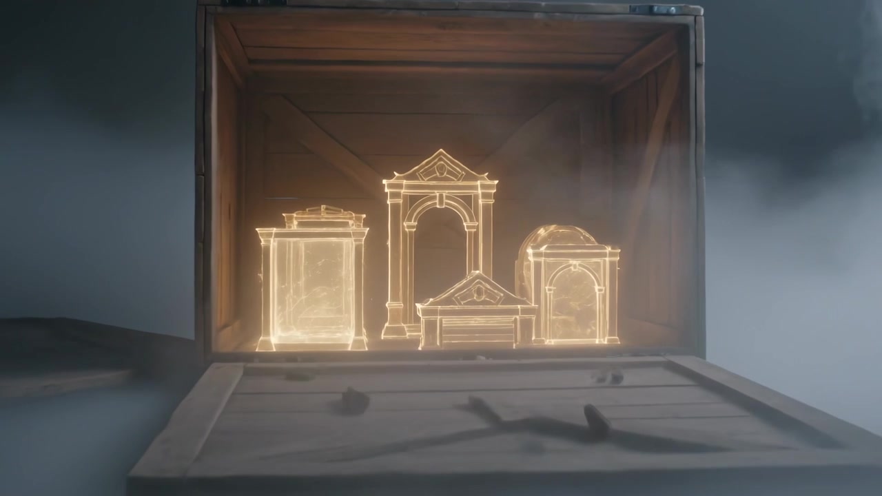 Il coperchio si solleva, una cassa di legno rivela modelli di edifici a wireframe luminosi in mezzo alla nebbia, mettendo in mostra i progetti.