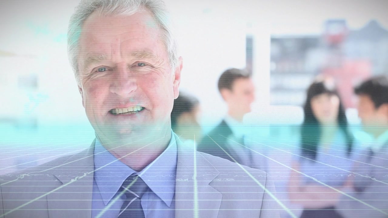 Animation of digital screen over happy caucasian senior businessman