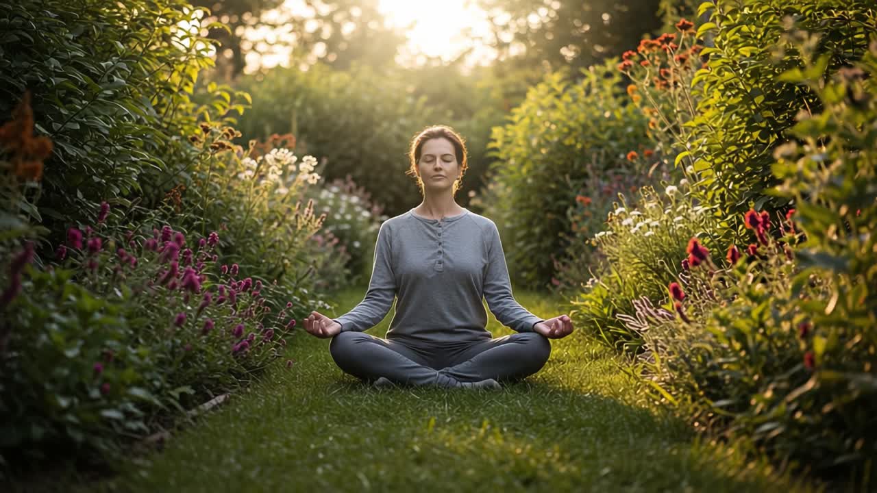 A Woman Meditating Peacefully in a Serene Garden Surrounded by Colorful Flowers and Soft Natural Light, Embracing Mindfulness and Inner Calmness